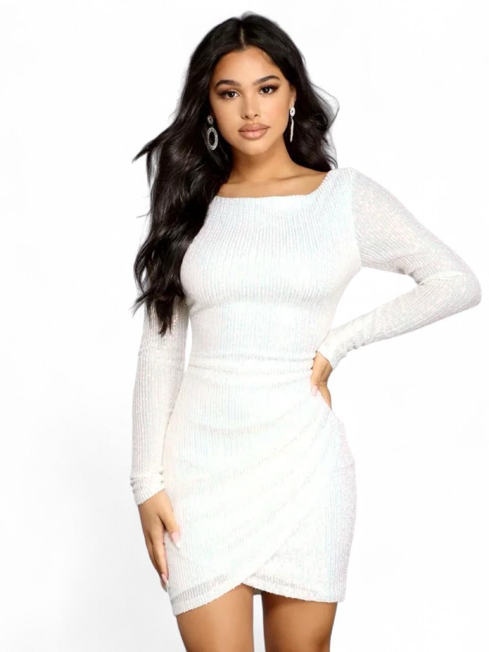 Windsor White Sequin Long-Sleeve Mini Dress
